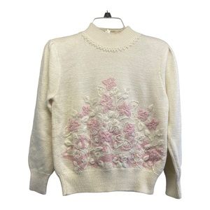 Vintage sweater Jacqueline Smith MP crewel floral seed pearls puff feminine